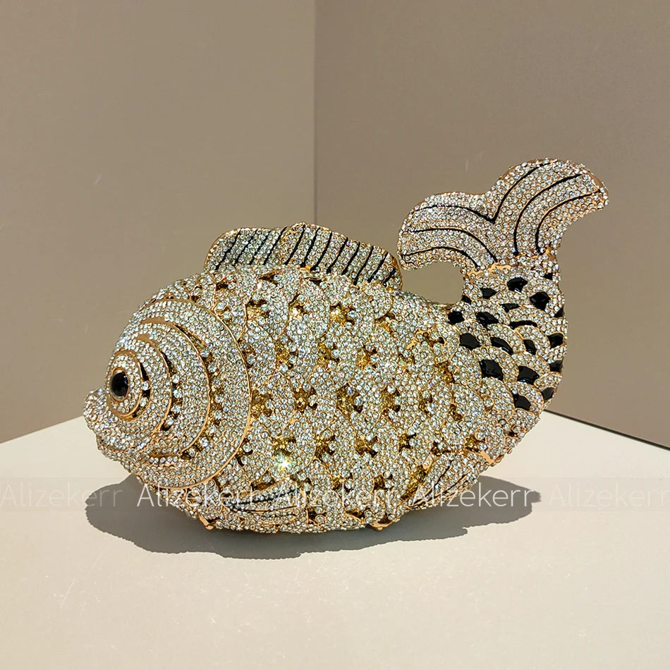 Alizekerr Goldfish Shaped Crystal Evening Bags Women Gorgeous Diamond Metallic Clutch Purses Ladies Unique Handbag Wedding Party