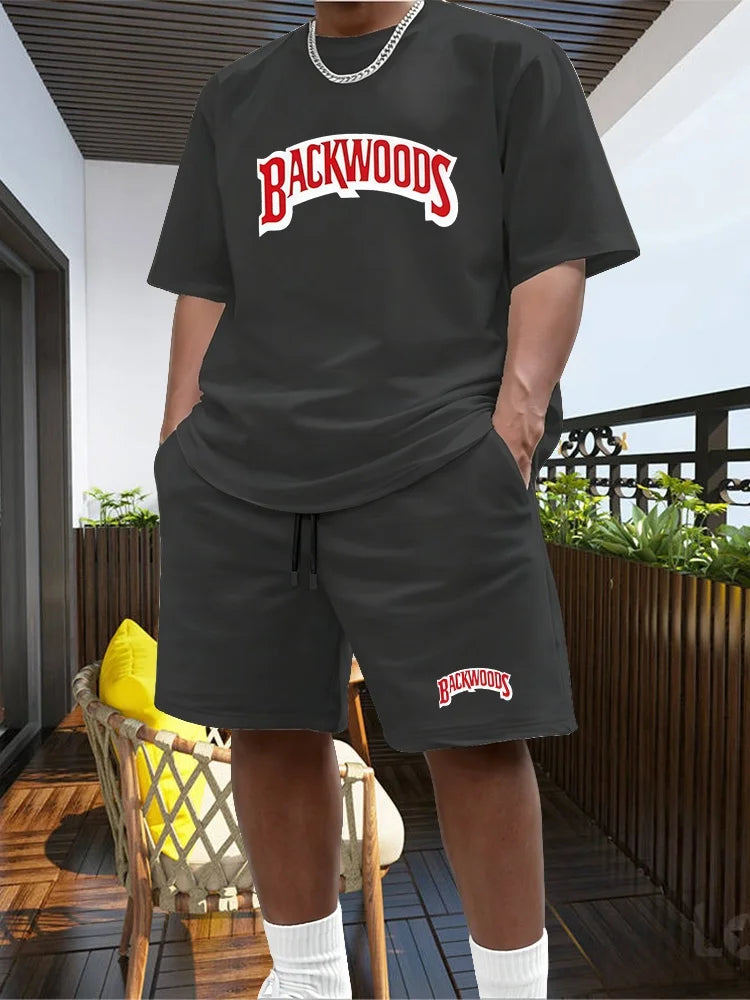 2026 New Summer Men's Fashionable Round Neck Short Sleeved Suit Black Brand Casual Jogging Clothes Sportswear