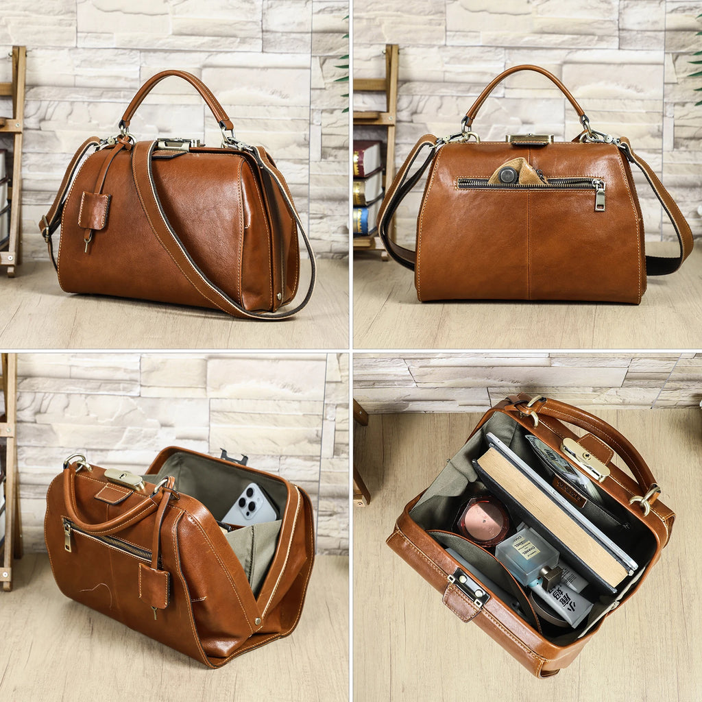 CONTACT'S Genuine Leather Doctor Bags for Women Luxury Designer Sling Shoulder Bags Tote Handbags Metal Frame Female Handle Bags