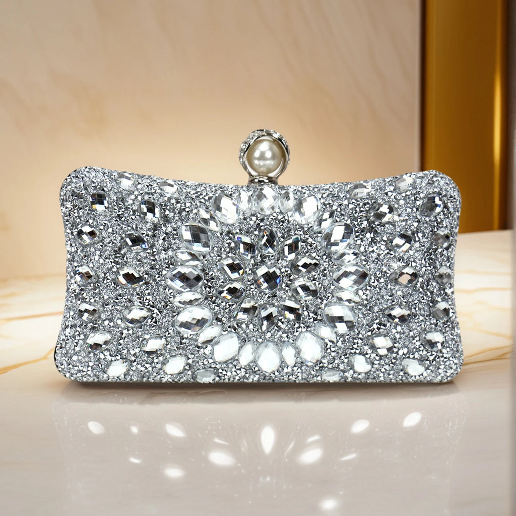Golden Metal Pearl Rhinestones Glitter Evening Bags Small Lady Prom Dinner Luxury Night Gift Girlfriend Purse Acrylic Diamonds E