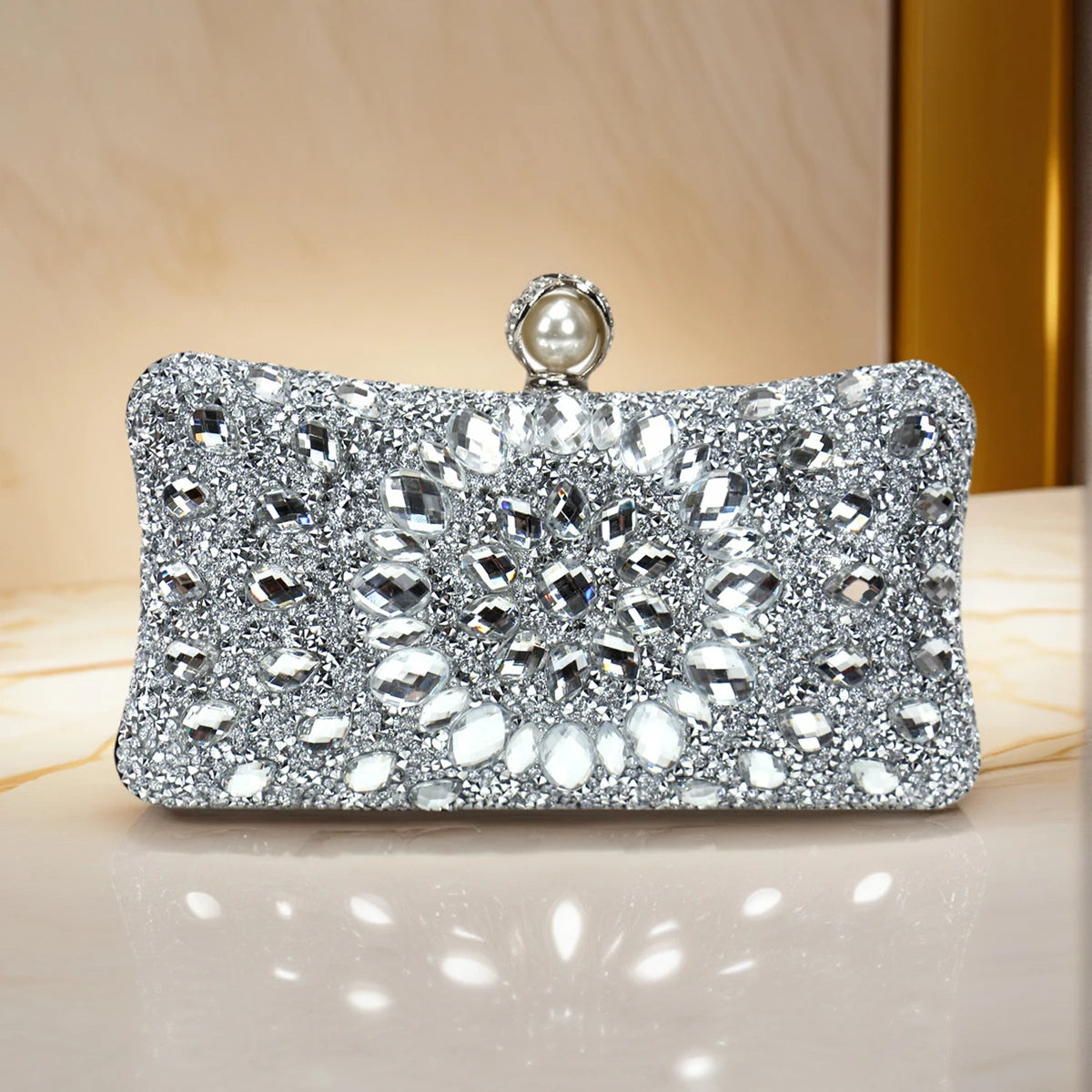 Golden Metal Pearl Rhinestones Glitter Evening Bags Small Lady Prom Dinner Luxury Night Gift Girlfriend Purse Acrylic Diamonds E