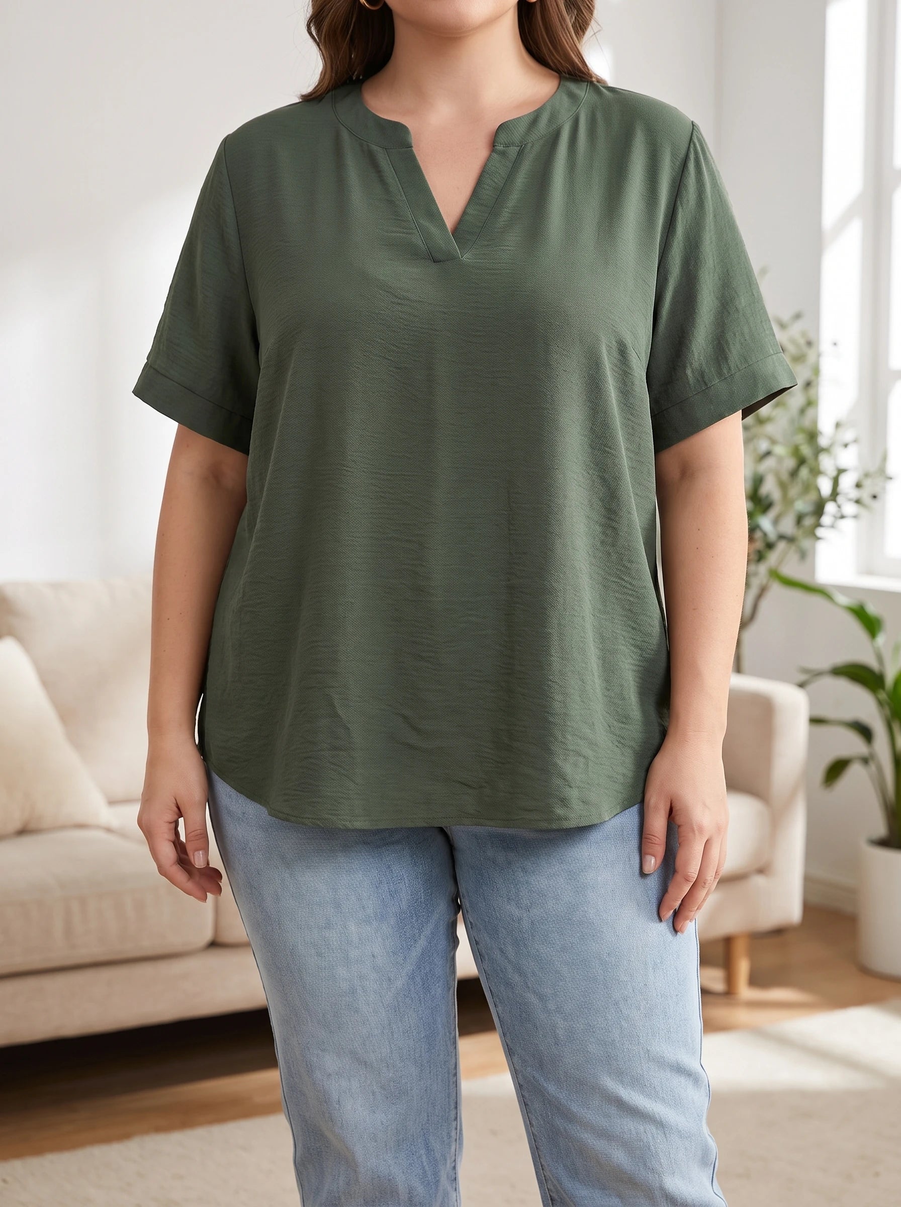 Rosa Fera Plus Size Women V Neck Short Sleeve Loose Fit Solid Color Casual Blouse Top