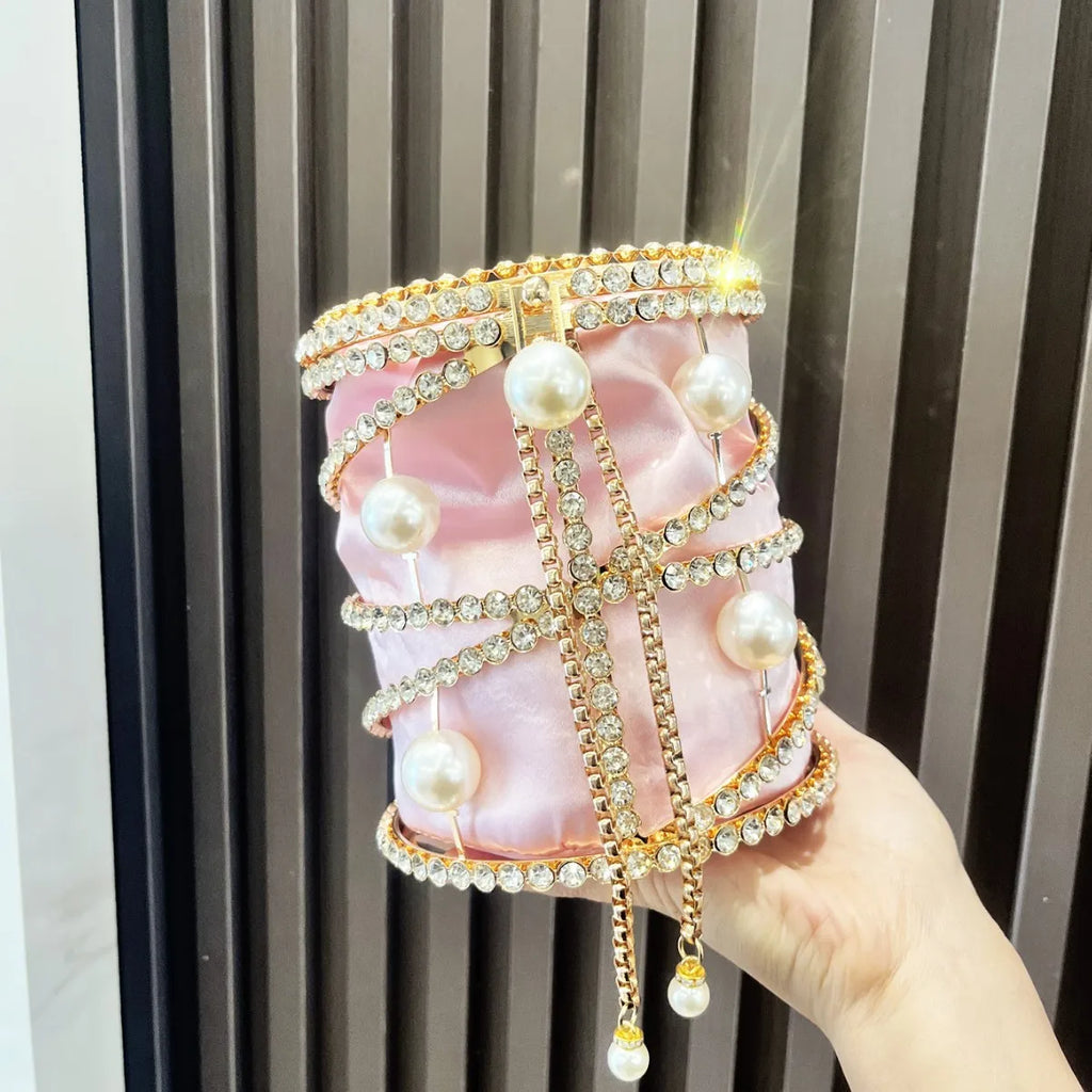 2025 New Women's Metal Bucket Bag Diamond Embedded Handbag Drawstring Chain Pig Cage Bird Cage Handheld Bag Alloy Material
