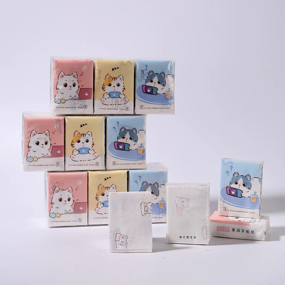 9pcs/pack Fashionable Lucky Cat Handkerchief Paper Student Portable Small Pack Cartoon Printed Hand Tissue For Daily Cleaning