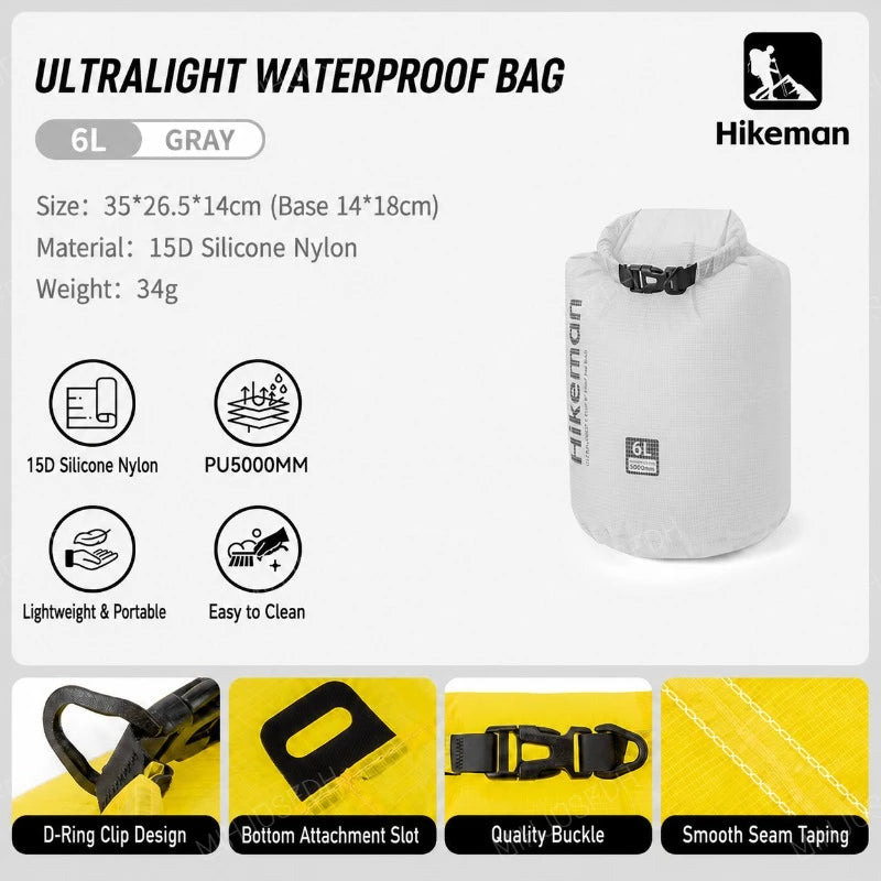 HIKEMAN Ultralight Waterproof Dry Bag Outdoor Storage Sack 15D Silicone Nylon 6L 10L 16L for Camping Hiking Travel and Swimming