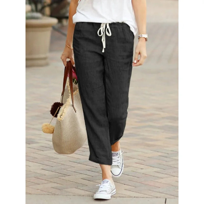 2025 New Fashion Nine-minute Trousers Solid Colour Loose Leisure Drawstring Elastic Waist Cotton Pants