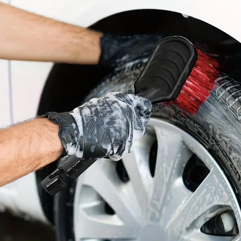 1Pc Soft Bristle Car Wash Brush - Long Handle Tire & Body Cleaning Tool With Red Head For Wheel Hubs