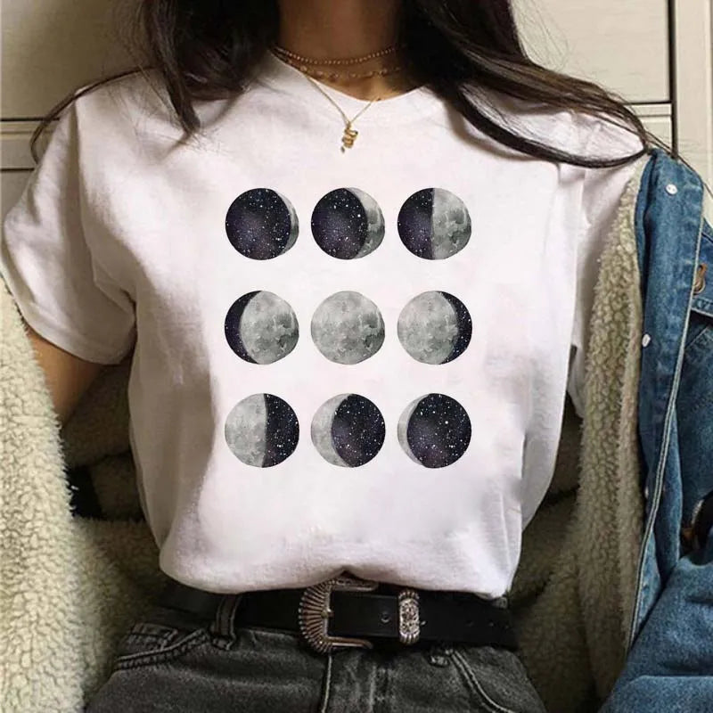 New Fashion Black Tops Funny Female T-shirt Casual Tee Woman Clothes Y2k Cute Tops Moon PrintWomen Harajuku Summer T Shirt Girl