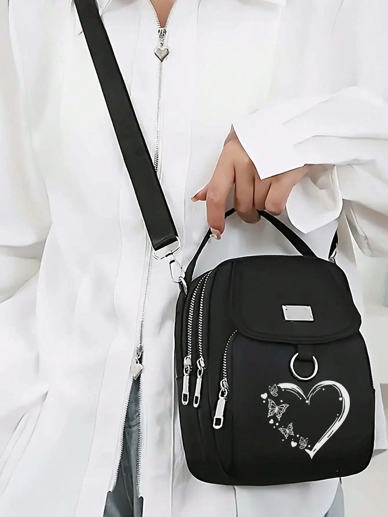 1pc Women's Nylon Shoulder Bag Heart Butterfly Pattern Casual Mini Crossbody Bag Adjustable Multi-Layer Solid Color Hand Bag
