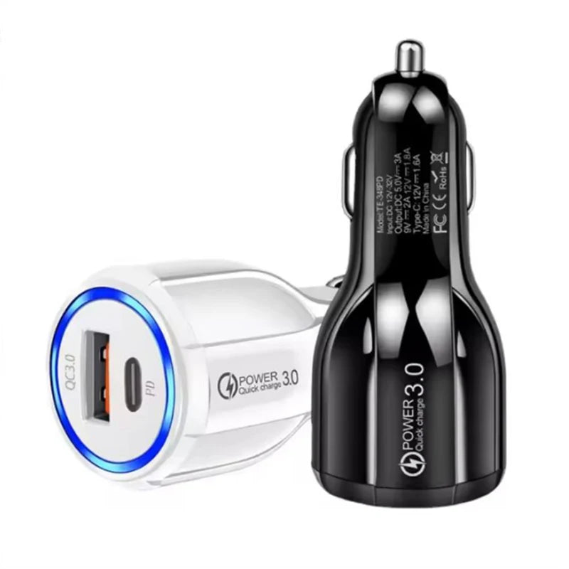 30W Car Charger Dual Port PD QC 5.0 USB Adapter Blue LED Glow Stable Metal Shrapnel Design For Smart Phones and Dash Cams