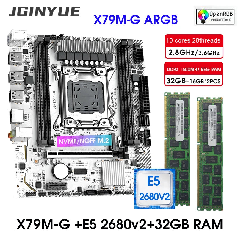 JGINYUE X79 LGA 2011 PC Assembly Set TPM 2.0 PIN M-ATX Motherboard Kit with Xeon E5 2680 V2 CPU and DDR3 32GB 1600MHz Memory Set