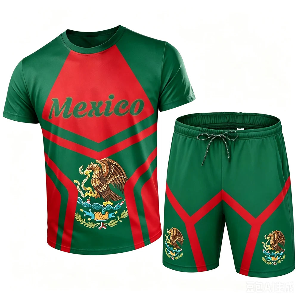 Mexico National Flag Pattern Men's Sets Fashion 3D Eagle Printing Short Sleeve Tees and Shorts 2 Piece Casual Loose Summer Suits