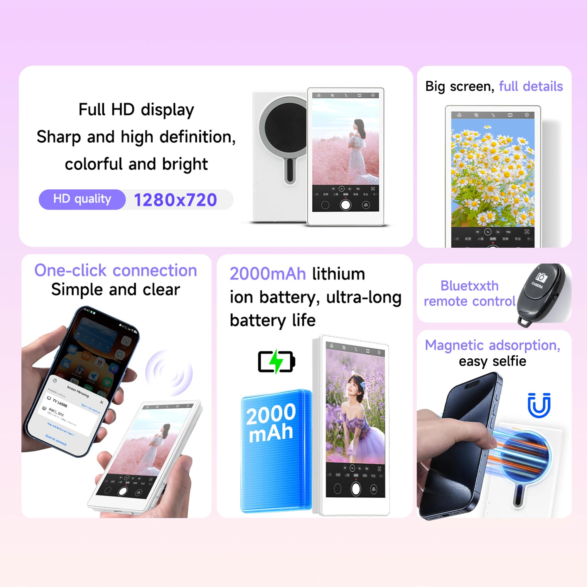 Vlog Selfie Monitor Screen Compatible with Phone, Magnetic Wireless Rear Camera Phone Monitor with 164FT Range, Live Streaming (White)