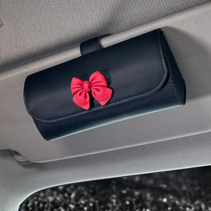 Cute Bowknot Car Glasses Box Universal Leather Sunglasses Case Storage Holder Bag Sunshade Organizer Auto Interior Accessories