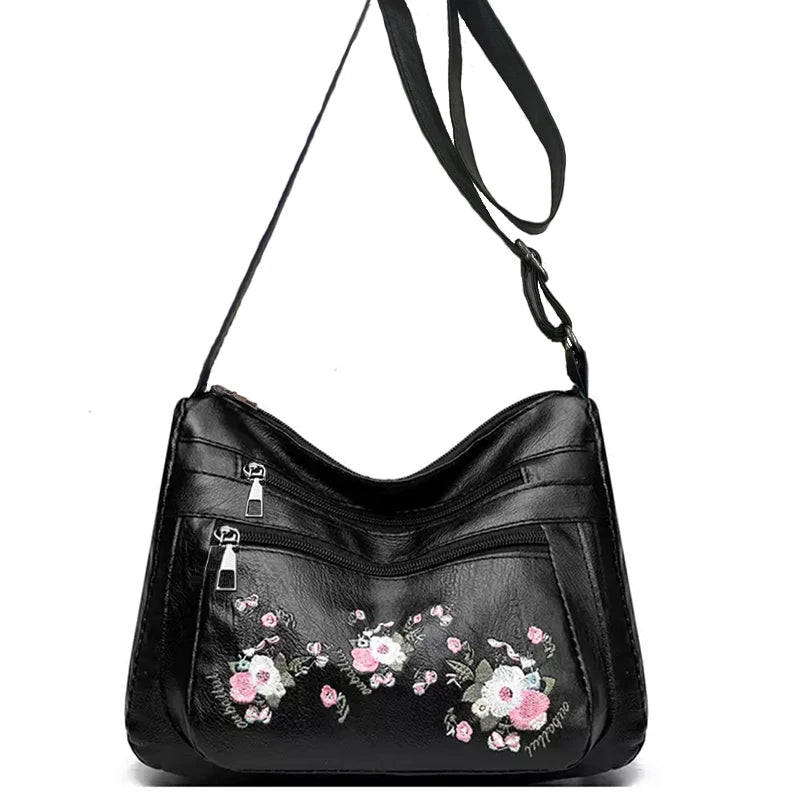 Graceful Floral-Embroidered Faux Leather Shoulder Bag Adjustable-strap Lightweight for Daily Commute Casual Bag