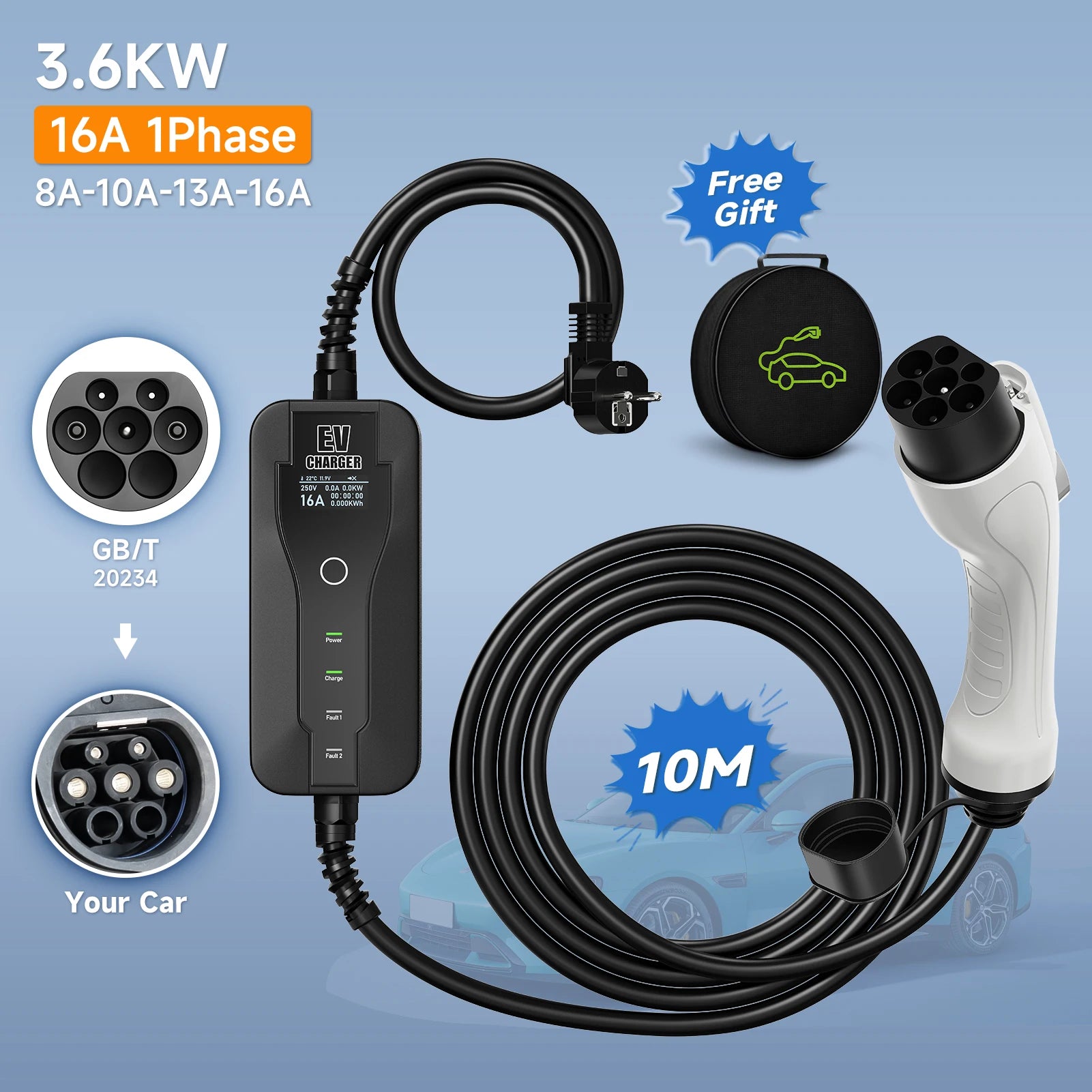 AFYEEV 16A 3.6kw 5m Type2 Type1 EV Charger Portable GBT Electric Vehicle Charger EVSE Charging Cable Safety and Reliable Wallbox
