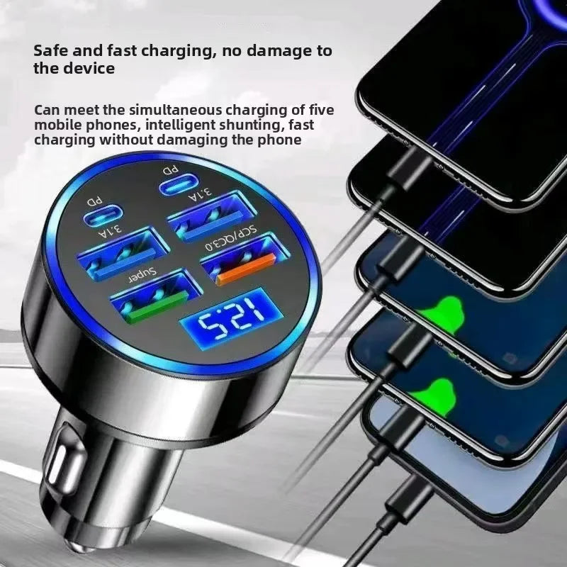 Fast Car Charger 6USB Ports Digital Display LED Cigarette Lighter Adapter Multi-Port Quick Charge For iPhone Samsung Xiaomi