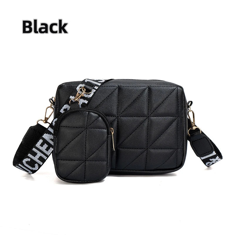 Fashionable Mobile Phone Bag, Large Capacity Checkered Shoulder Bag, Two-Piece Set, Wide Shoulder Strap