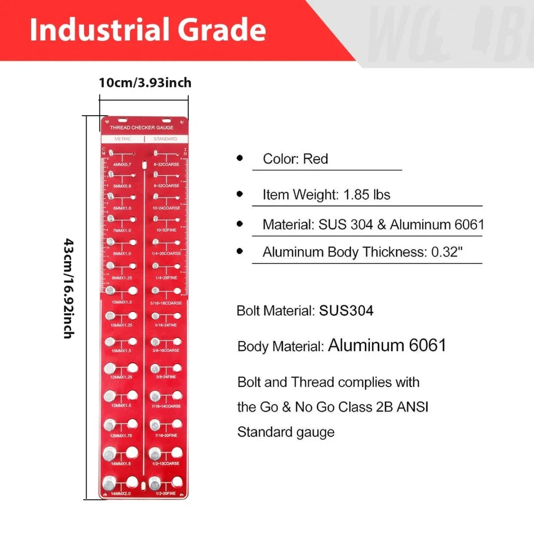 Thread Checker – Rustproof Nut and Bolt Identifier Gauge with SUS304 Bolts & 6061 Aluminum Base – for Metric & Standard Thread