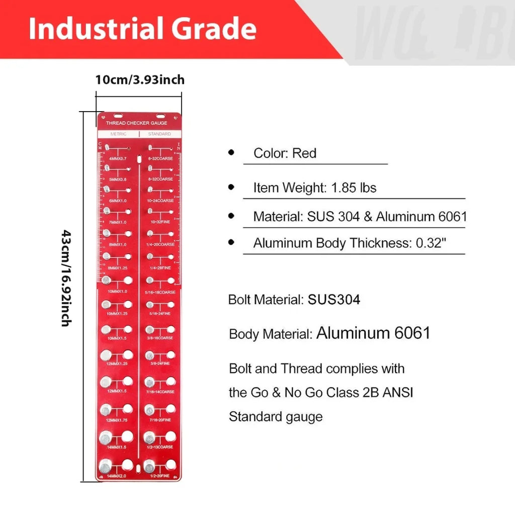 Thread Checker – Rustproof Nut and Bolt Identifier Gauge with SUS304 Bolts & 6061 Aluminum Base – for Metric & Standard Thread