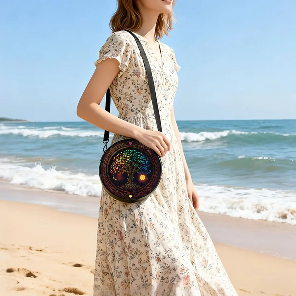 Tree of Life Print Round Shoulder Bag Casual Messenger Bag Daily Adjustable Strap Crossbody Bag for Woman Best Gifts 2D Flat