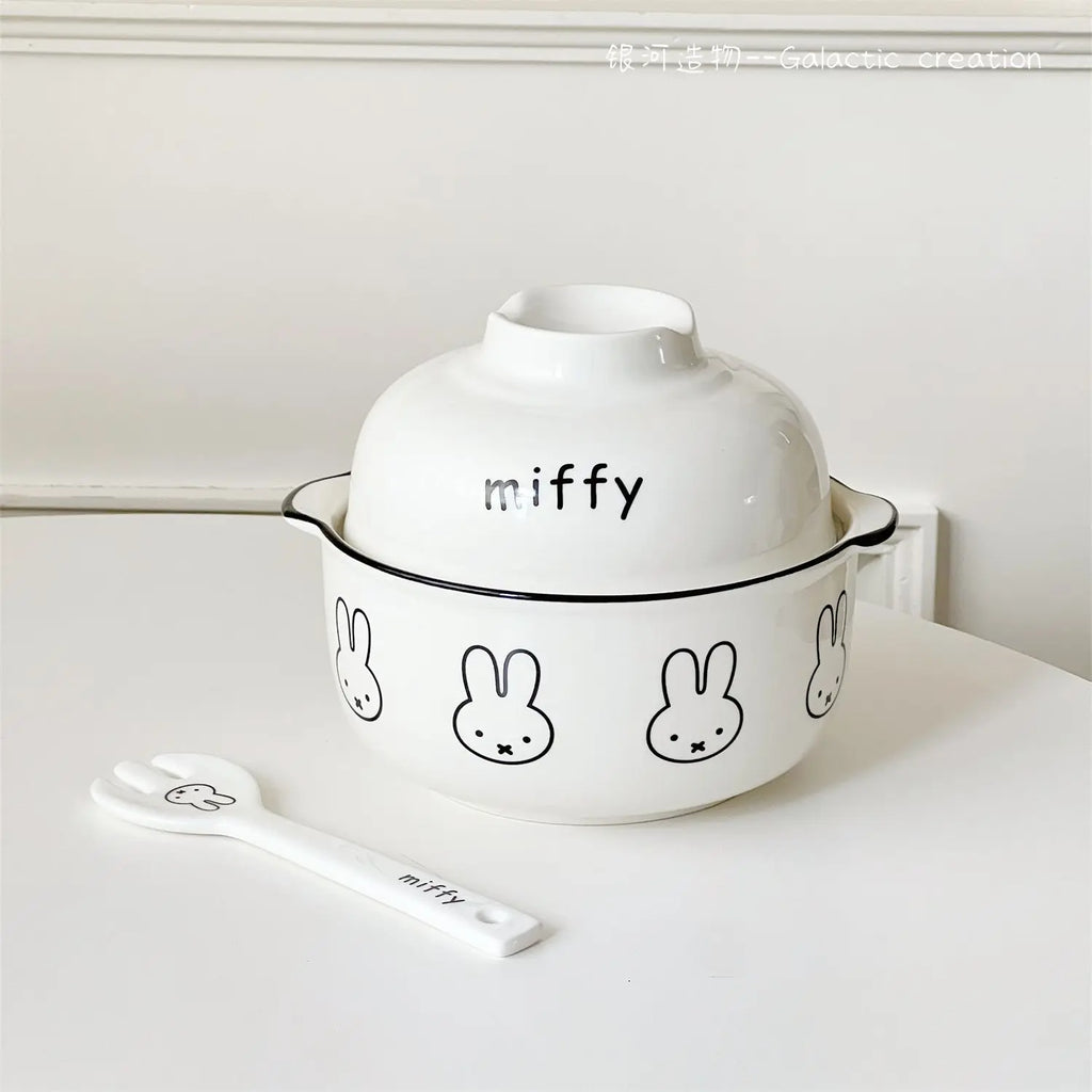 Kawaii Tableware Ceramic Rice Bowl with Lid Easy To Clean Household Use Instant Noodle Bowl Microwaveable Spoon Heating Miffy