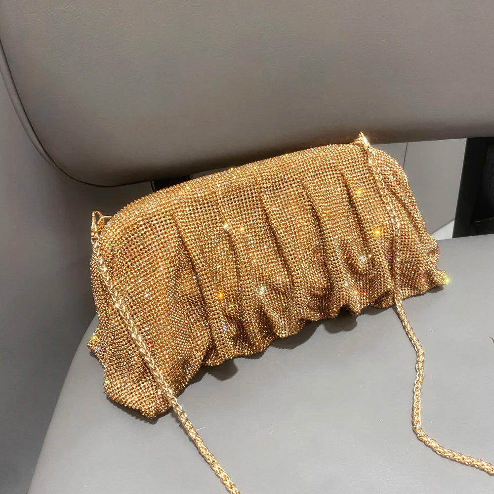 Shiny Handle Rhinestones Handmade Evening Clutch Bags New Folds Purses And Handbags Luxury Designer Wedding Party High Quality