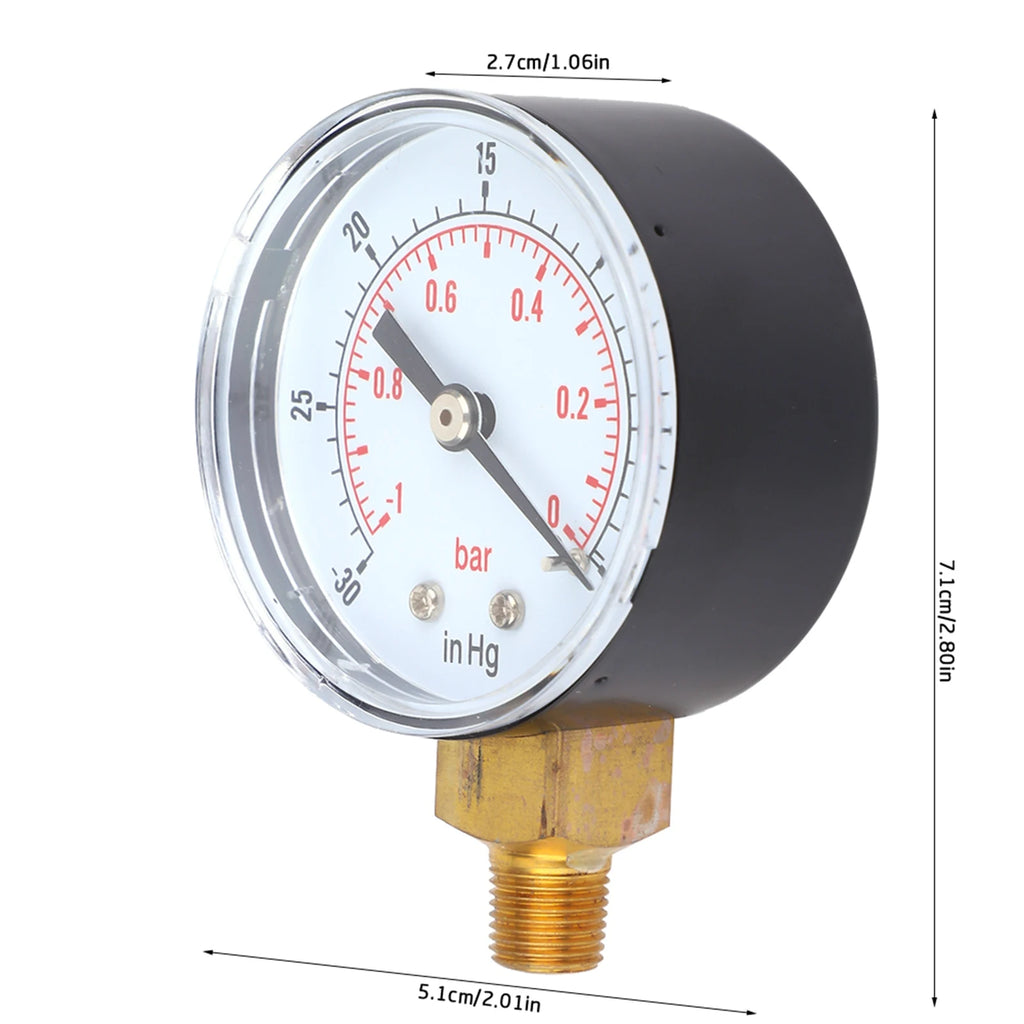 Vacuum Gauge -1-0Bar -30-0inHg 50mm 1/8 BSPT Bottom Connection for Air Water Oil Oil Vacuum Gauge Vacuum Gauge Bottom Connect