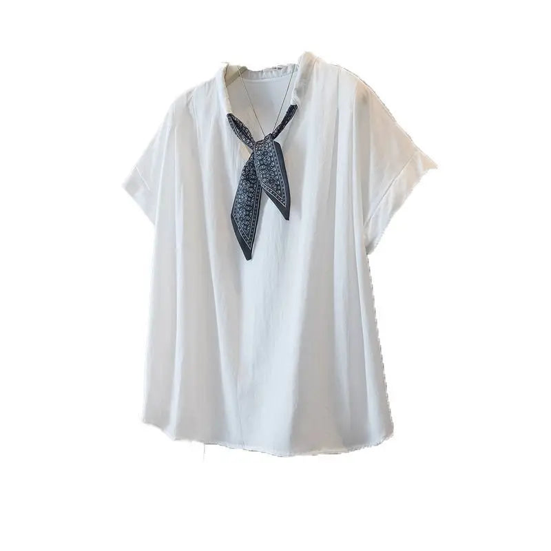 Plus-size women's spring and summer solid color casual beret collar with inner and outer wear V-neck short-sleeve T-shirt