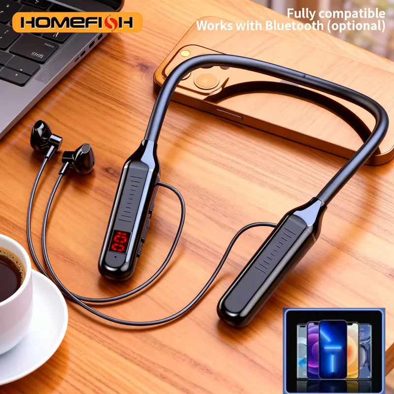 Wireless Bluetooth neckband headphones with digital display function, large-capacity semi-in-ear sports stereo headphones