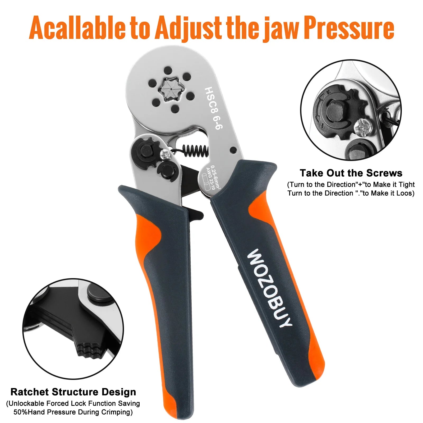 Hexagonal Ferrule Crimp Tool Wire Ferrule Crimping Tool HSC8 6-6/6-4 Self-adjustable Ratcheting Crimper for AWG23-10 0.25-6.0mm²