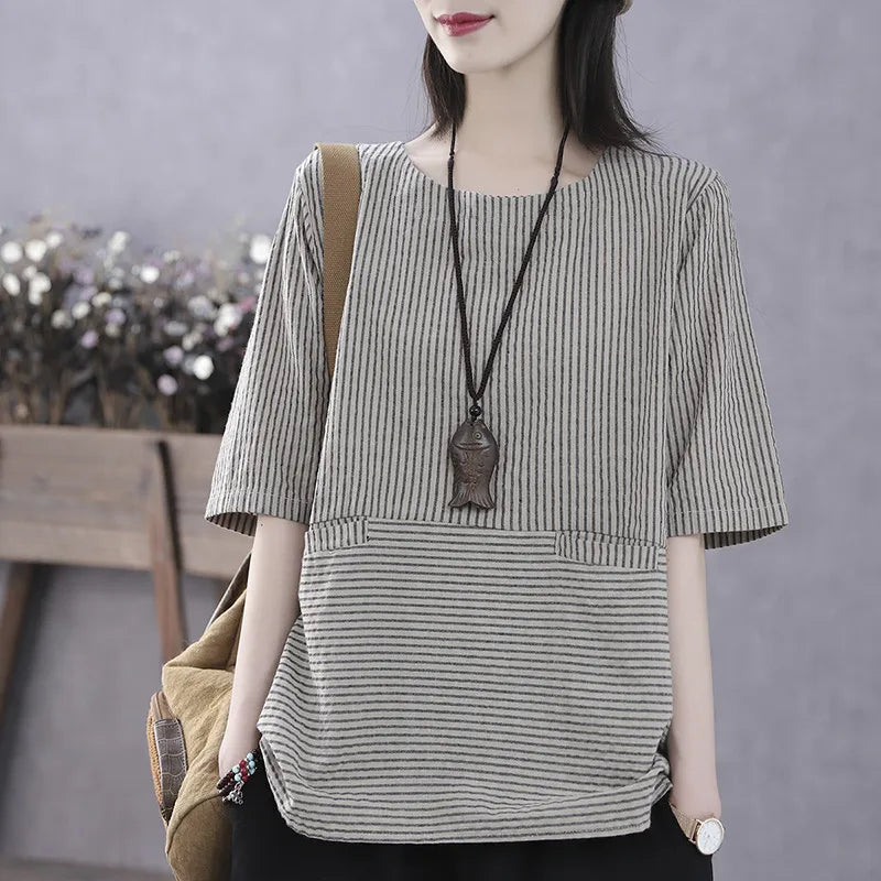 Plus Size Women's Summer Retro T-Shirt Loose Striped Thin Office Lady Fashion New Arrival Trendy Comfortable