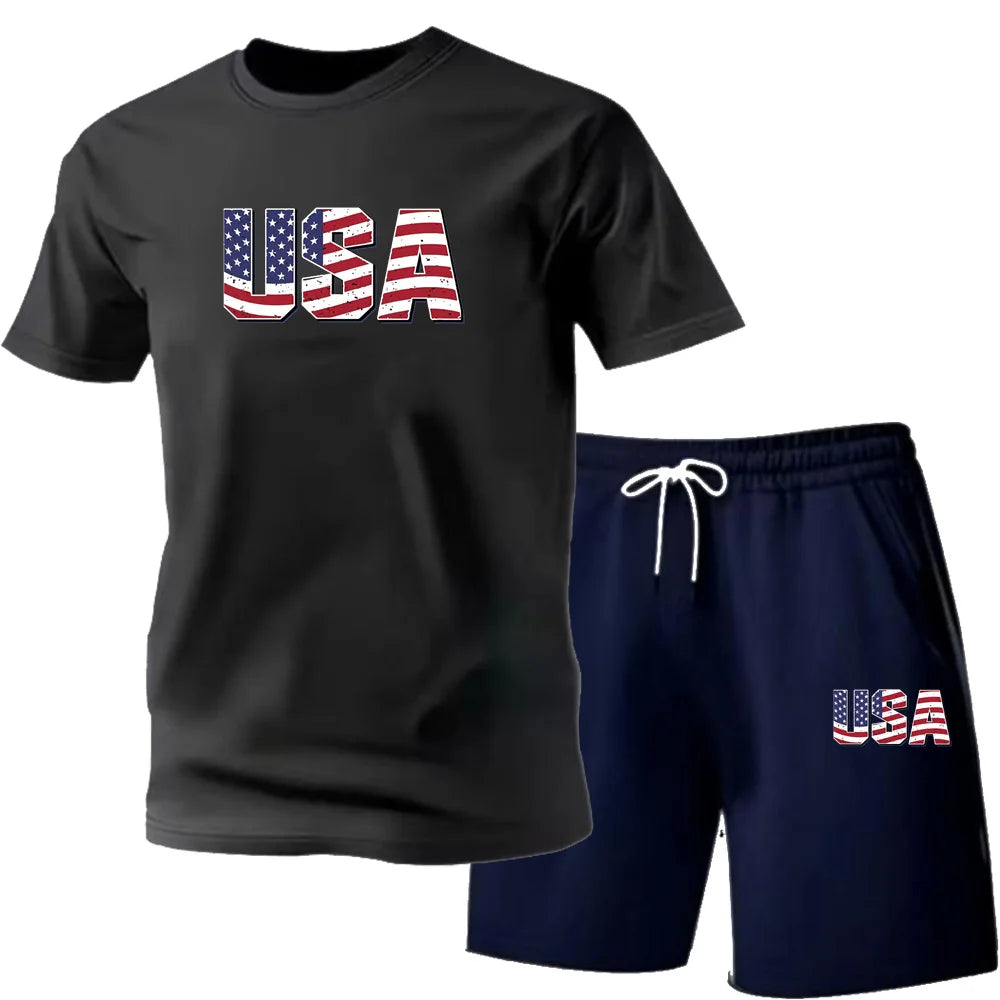 Men's new street fashion casual outdoor T-shirt shorts two-piece set 2026 men's summer outdoor sports breathable set