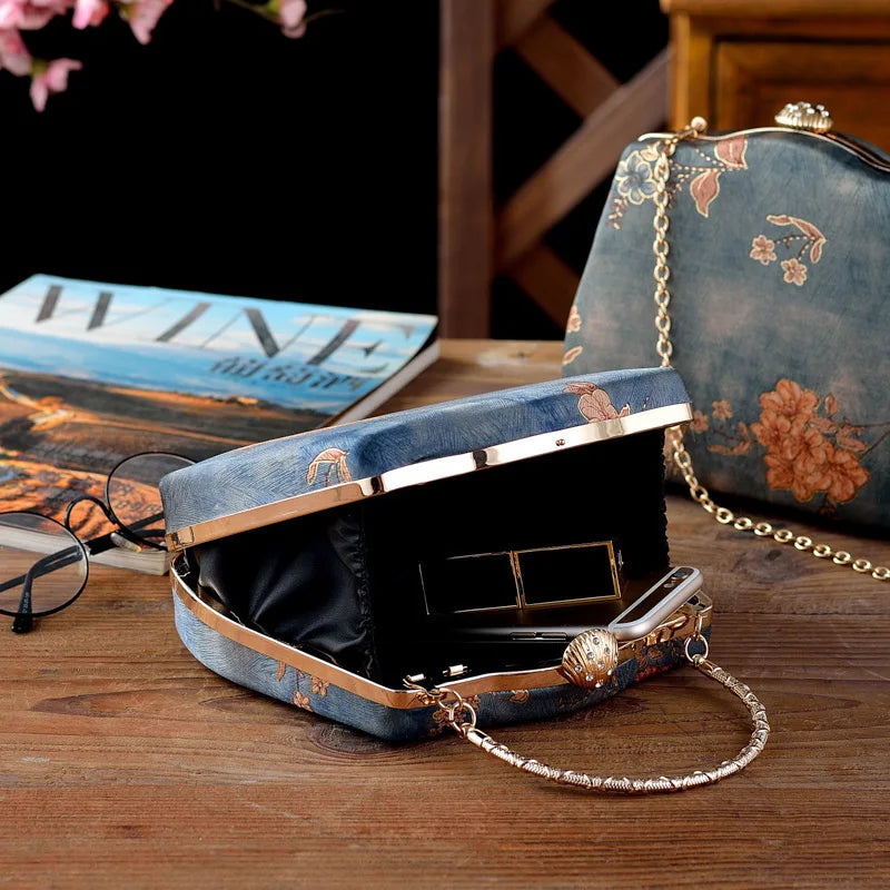 Fashion Women Embroidery Evening Bags Silk Clutch Purse for Bride Chain Shoulder Laides Case Top Handle Wedding Party Handbag