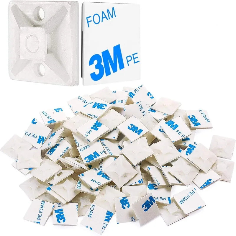 100pcs Self Adhesive Cable Zip Tie Mounts - Black/White Wire Clips & Holders for Cable Management, Adhesive Anchors for Desk