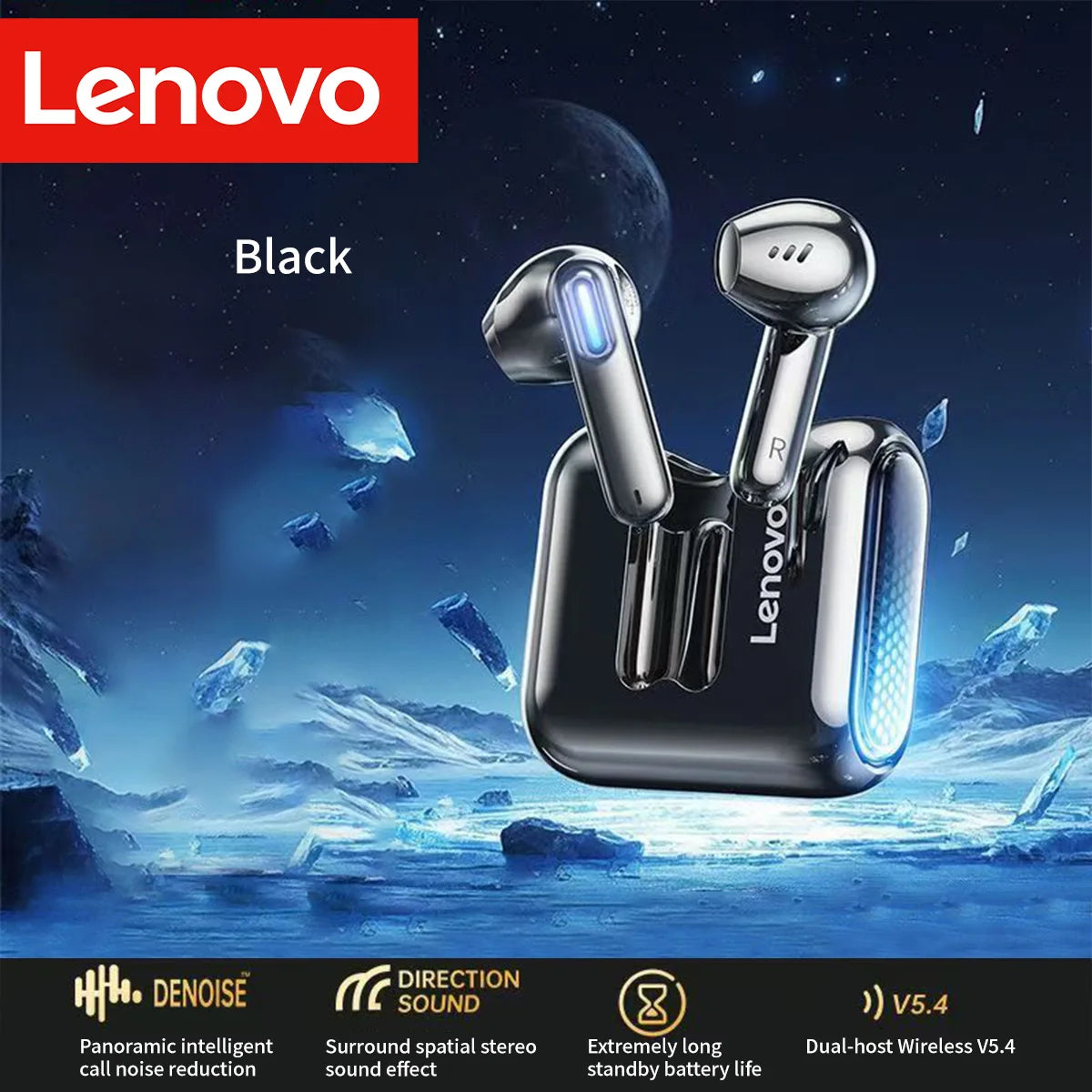 Lenovo EA189 Bluetooth 5.4 Wireless Earbuds LED Transparent Charging Case HiFi Stereo Sports Headphones Noise Reduction Headset