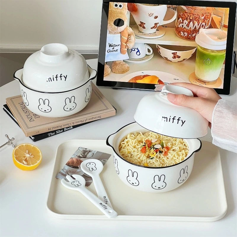 Kawaii Tableware Ceramic Rice Bowl with Lid Easy To Clean Household Use Instant Noodle Bowl Microwaveable Spoon Heating Miffy