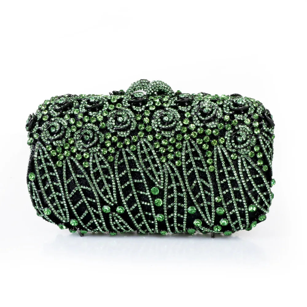 Full Stones Flower Party Box Clutch Purple/green Crystal Evening Bag Wedding Bridal Minaudiere Handbags Chain Women Bag