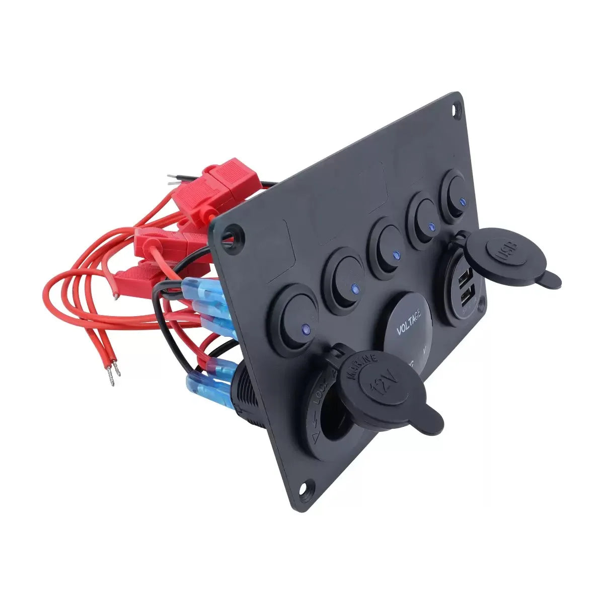 5-Gang Cat Eye Blue LED Switch Panel for Yacht & RV, Marine Boat Switch with USB & Cigarette Lighter