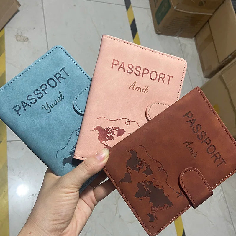 Custom Name Passport Cover Fashion Word Map Passport Holder Rfid Magnetic Buckle Travel Wallet Case for Passports