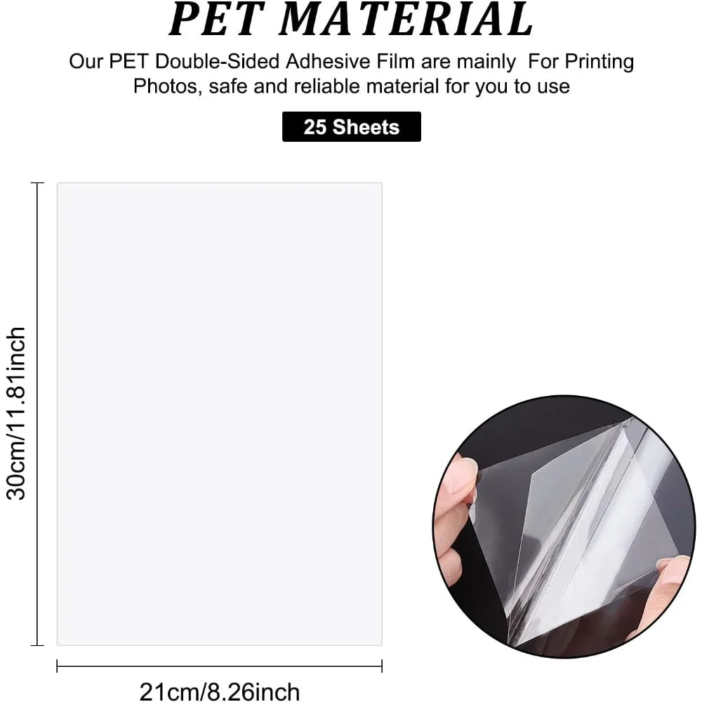 25PCS A4 Size Double Sided Tape Sheets 8.3x11.8Inch Strong PET Adhesive Tap Sheet for Arts Craft Photo Albums Making 0.1mm Thick