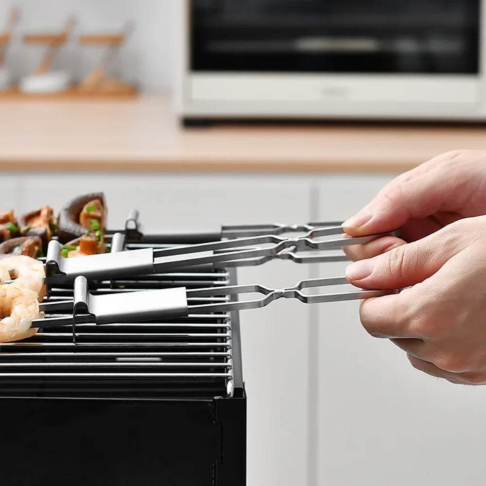 2/4/6Pcs Barbecue Grill Fork Stainless Steel Semi-automatic Double Head Metal Skewers Portable BBQ Fork Camping Picnic Grilling