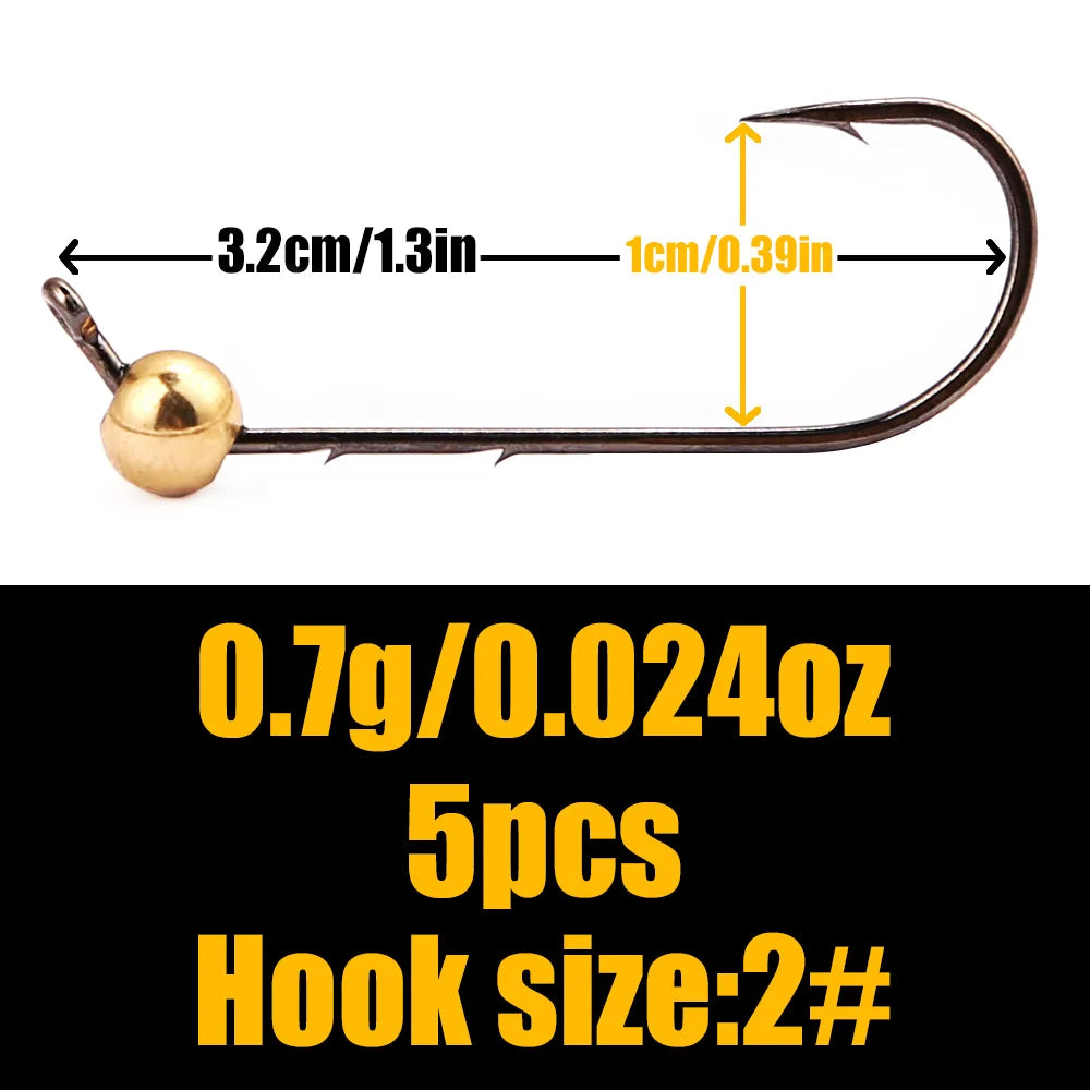 B&U 5pcs Micro Jig Head Fishing Hooks Set 0.5g-4g Copper Head Mini Crank Jig Fishhook for Soft Worm Lure Fishing Accessories