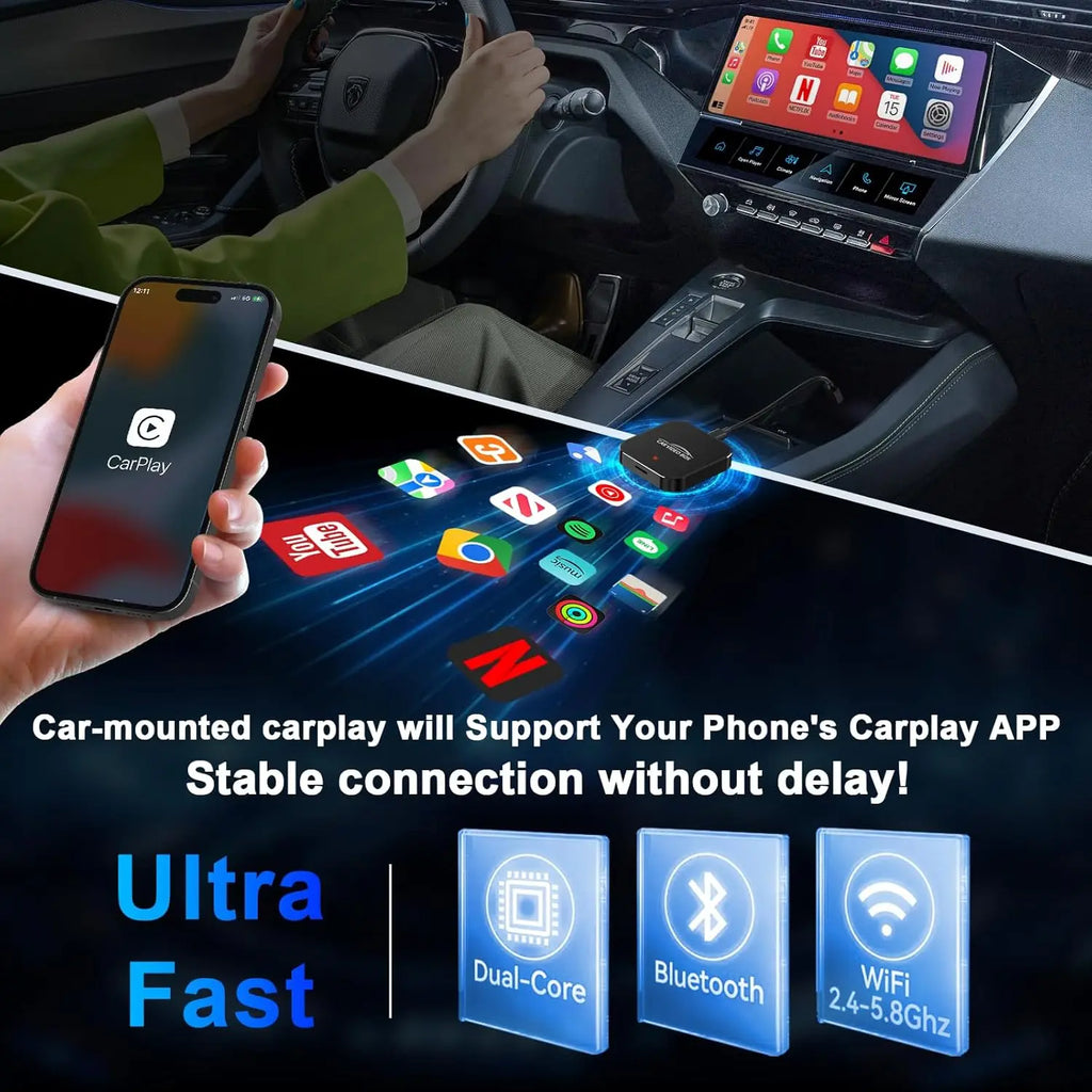 3-in-1 Wireless Carplay Adapter Support Apple CarPlay & Android Auto, Magic Video AI Box for Streaming Netflix YouTube,Upgraded Dual-Band WiFi, Converts Wired to Wireless Car Play for iPhone/Android