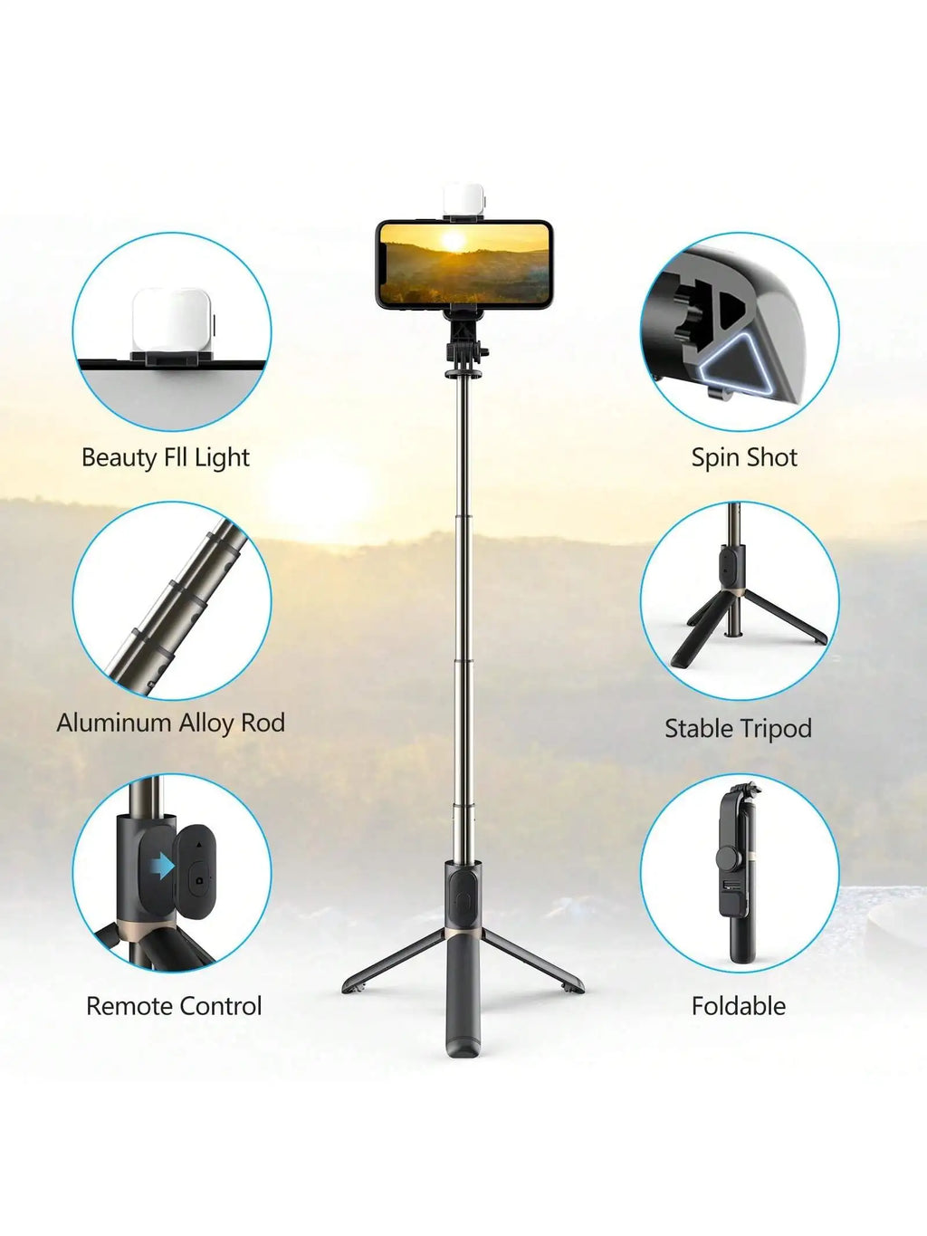 1.7M/66.9In Selfie Stick Tripod with Fill Light, Wireless Bluetooth Remote Control Aluminum Alloy Phone Stand, Foldable Portable Cell Phone Holder for Live Streaming Travel Group Photos