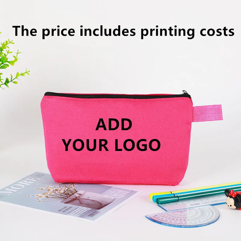 20/30/50/100bags/lot Customized Logo Colored Canvas Makeup Bag, Women's Handbag, Student Pencil Case 25x13x4.5cm