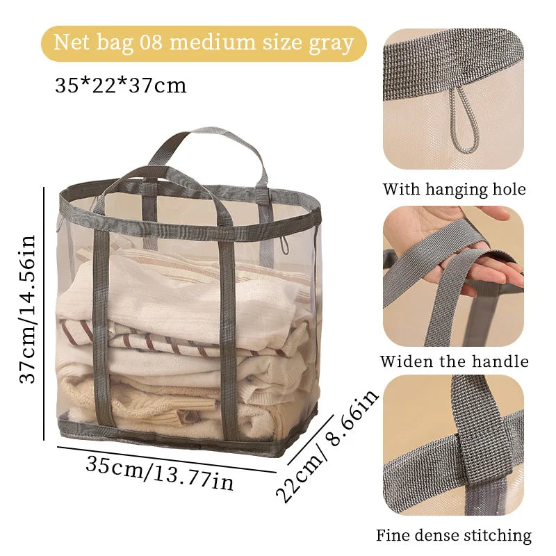 Mesh Laundry Basket Nylon With Handle Breathable Folding Portable Dirty Clothes Underwear Organizer Bags Large Capacity Storage