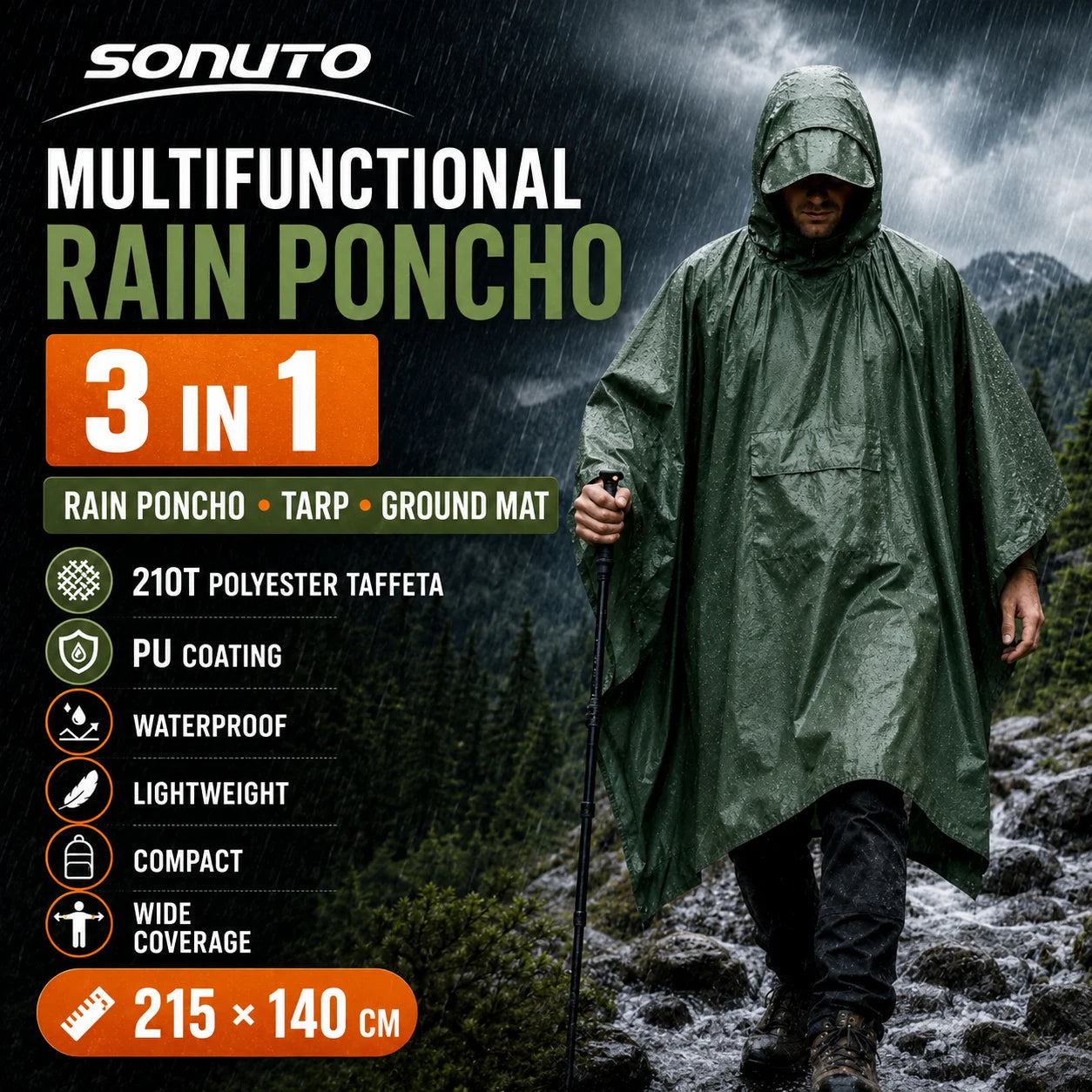 Sonuto Multifunctional Waterproof Camping Mat Rain Poncho Hooded Tarp Tent Ground Footprint Pack Cover Hiking Outdoor Shelter