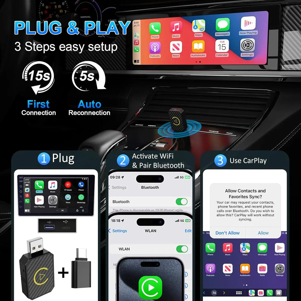 Mini Wireless CarPlay & Android Auto Adapter - Stable Fast Connection for iPhone/Android - Convert Factory Wired to Wireless for Cars 2016+