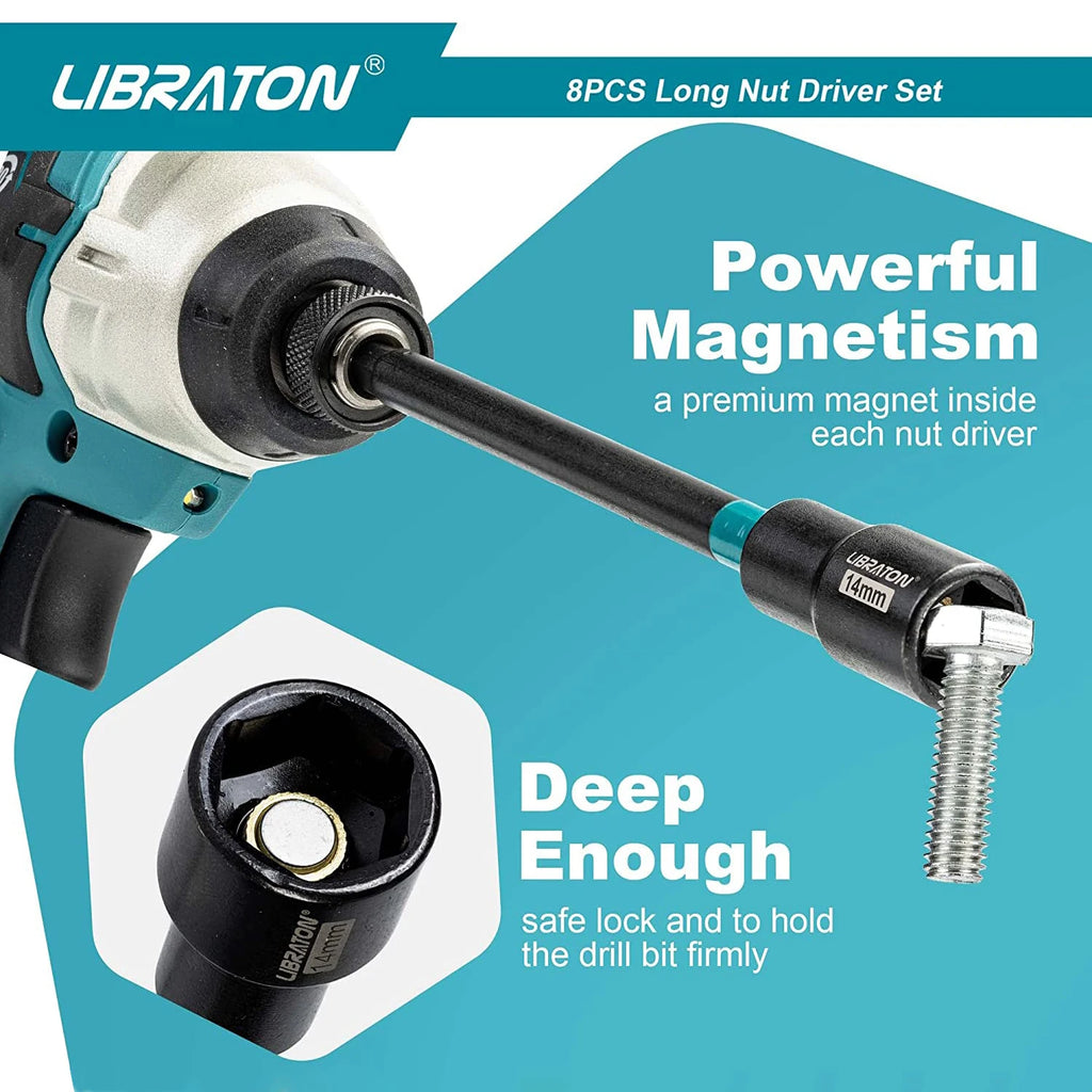 LIBRATON 8PCS Magnetic Nut Driver Set, Nut Drivers 6", Metric / SAE Nut Drivers, Shank Nut Driver Bits, 1/4"Hex Shank, Long Bits